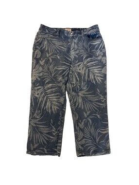 Chico's Palm Leaf Capri Jeans Size 2 Blue Tropical Denim Cropped Pants Stretch